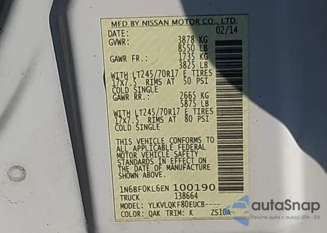 2014 Nissan Nv Cargo Nv1500 S V6/Sv V6 z USA, uszkodzony, nr VIN 1N6BF0KL6EN100190